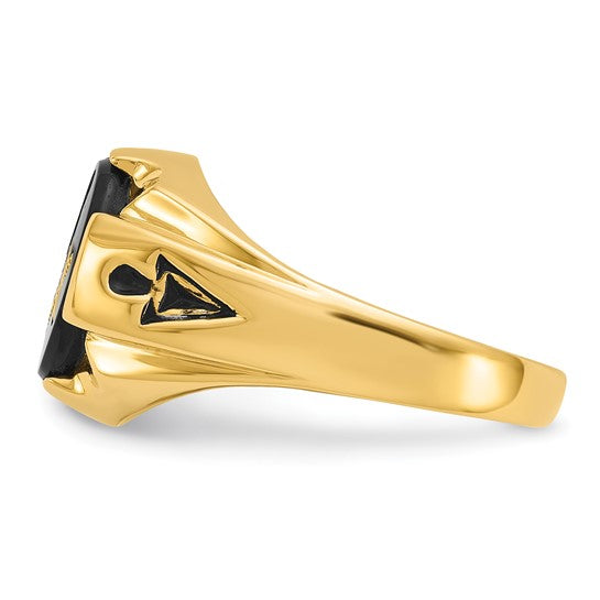 14kt Yellow Gold Men's Polished, Antiqued and Grooved with Oval Onyx Masonic Ring