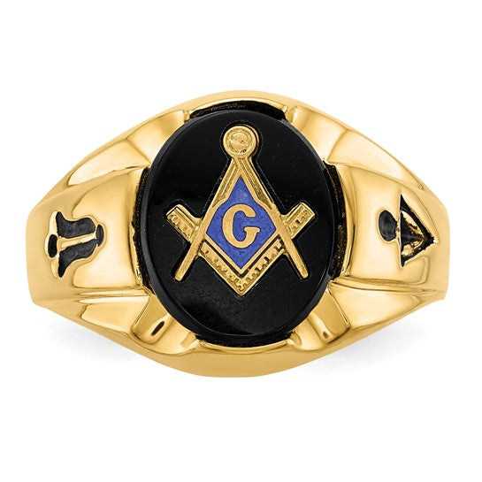 14kt Yellow Gold Men's Polished, Antiqued and Grooved with Oval Onyx Masonic Ring
