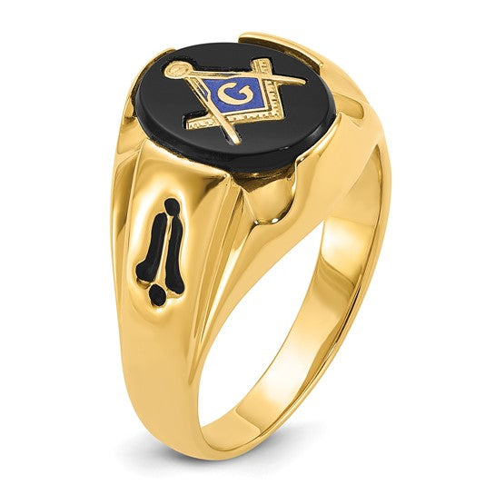 14kt Yellow Gold Men's Polished, Antiqued and Grooved with Oval Onyx Masonic Ring