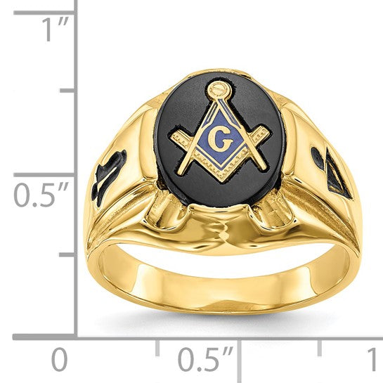 14kt Yellow Gold Men's Polished, Antiqued and Grooved with Oval Onyx Masonic Ring