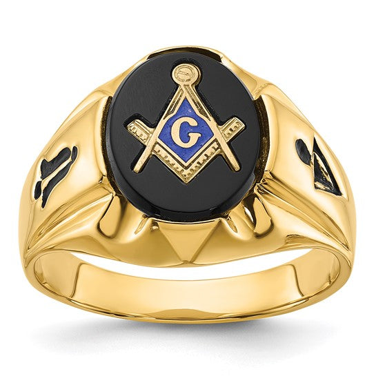 14kt Yellow Gold Men's Polished, Antiqued and Grooved with Oval Onyx Masonic Ring