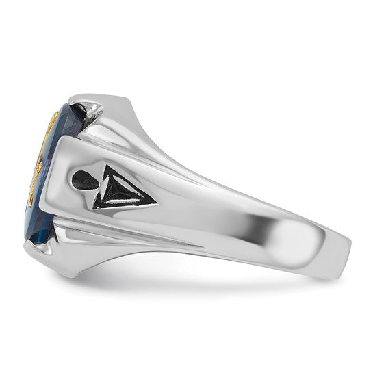 14kt White Gold Men's Polished, Antiqued and Grooved with Imitation Blue Spinel Masonic Ring