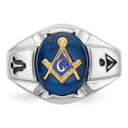 14kt White Gold Men's Polished, Antiqued and Grooved with Imitation Blue Spinel Masonic Ring