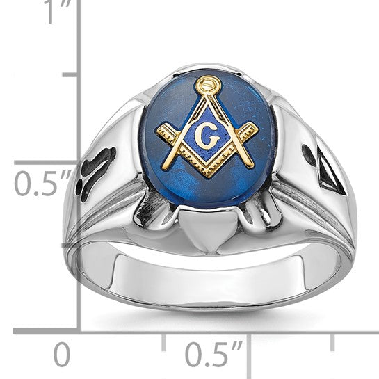 14kt White Gold Men's Polished, Antiqued and Grooved with Imitation Blue Spinel Masonic Ring