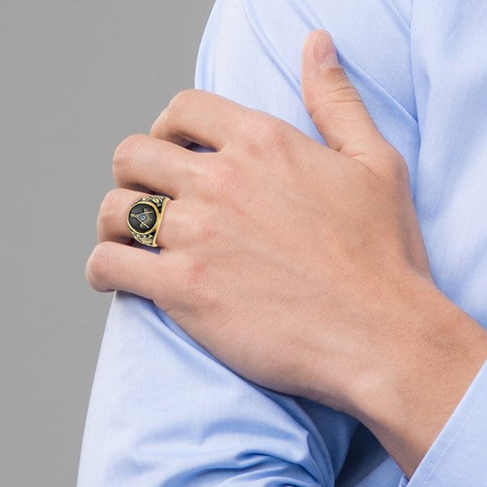 14kt Yellow Gold Men's Polished and Textured with Black Enamel and Oval Onyx Masonic Ring
