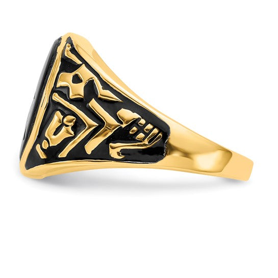 14kt Yellow Gold Men's Polished and Textured with Black Enamel and Oval Onyx Masonic Ring
