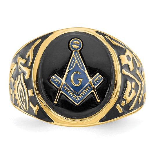 14kt Yellow Gold Men's Polished and Textured with Black Enamel and Oval Onyx Masonic Ring