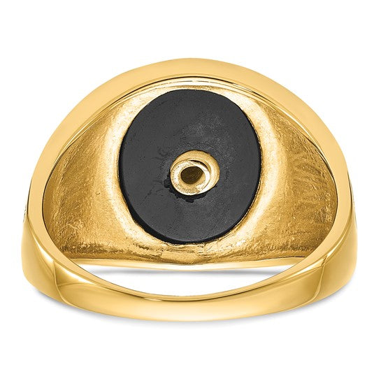 14kt Yellow Gold Men's Polished and Textured with Black Enamel and Oval Onyx Masonic Ring