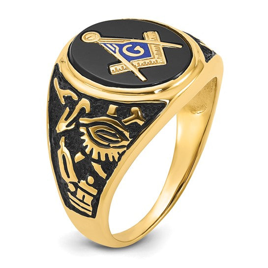 14kt Yellow Gold Men's Polished and Textured with Black Enamel and Oval Onyx Masonic Ring