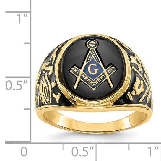 14kt Yellow Gold Men's Polished and Textured with Black Enamel and Oval Onyx Masonic Ring