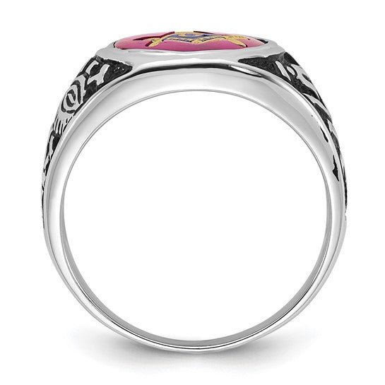 14kt White Gold Men's Polished, Antiqued and Textured with Lab Created Ruby Masonic Ring