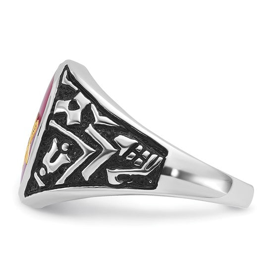 14kt White Gold Men's Polished, Antiqued and Textured with Lab Created Ruby Masonic Ring