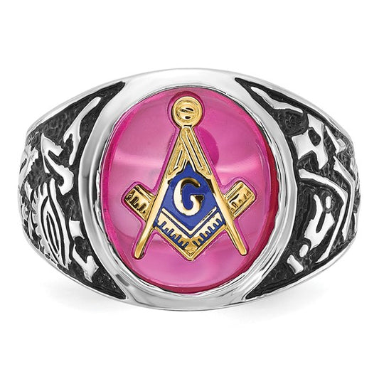 14kt White Gold Men's Polished, Antiqued and Textured with Lab Created Ruby Masonic Ring