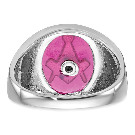 14kt White Gold Men's Polished, Antiqued and Textured with Lab Created Ruby Masonic Ring