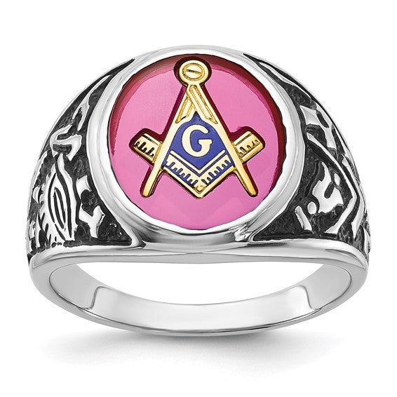 14kt White Gold Men's Polished, Antiqued and Textured with Lab Created Ruby Masonic Ring