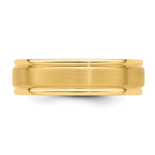 14kt Yellow Gold 6mm Standard Weight Comfort Fit Brushed Satin/Polished Grooved Edge Wedding Band Size 9.5