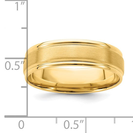 14kt Yellow Gold 6mm Standard Weight Comfort Fit Brushed Satin/Polished Grooved Edge Wedding Band Size 9.5