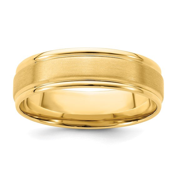 14kt Yellow Gold 6mm Standard Weight Comfort Fit Brushed Satin/Polished Grooved Edge Wedding Band Size 9.5