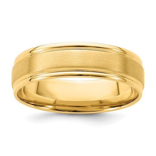 14kt Yellow Gold 6mm Standard Weight Comfort Fit Brushed Satin/Polished Grooved Edge Wedding Band Size 9.5