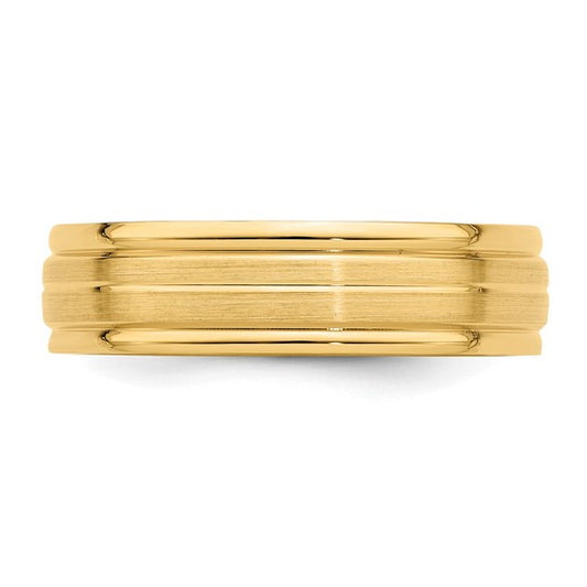 14kt Yellow Gold 6mm Heavyweight Comfort Fit Brushed Satin with Center Line Fancy Wedding Band Size 10.5