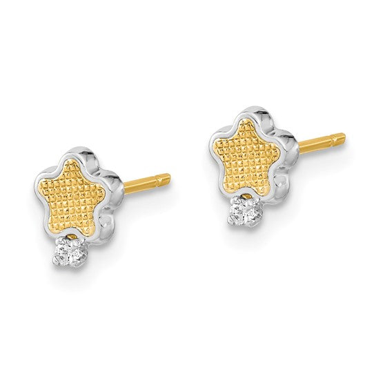 14KT White Rhodium Textured Gold CZ Star Post Earrings