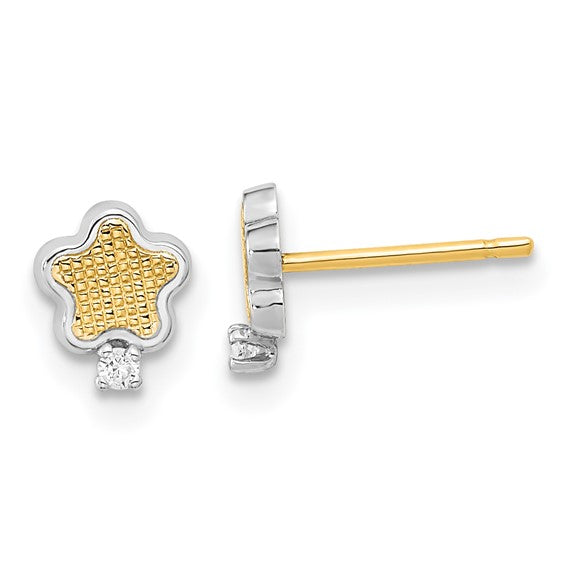 14KT White Rhodium Textured Gold CZ Star Post Earrings