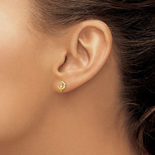 14kt Yellow Gold CZ Cat on the Moon Post Earrings