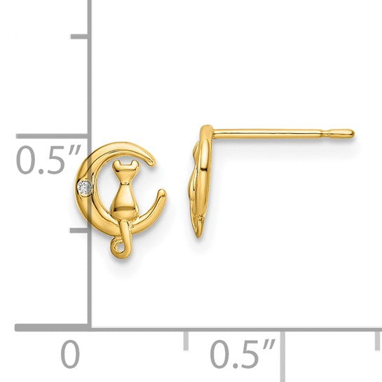 14kt Yellow Gold CZ Cat on the Moon Post Earrings