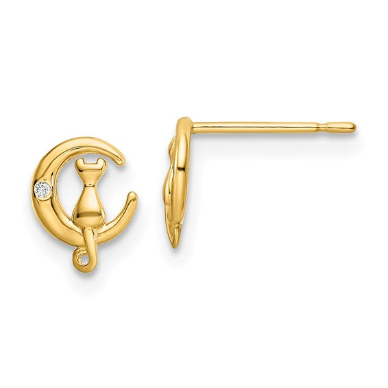 14kt Yellow Gold CZ Cat on the Moon Post Earrings