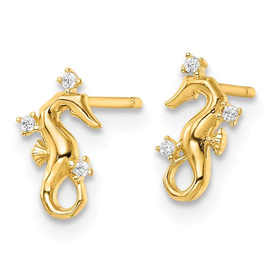 14kt Yellow Gold Polished CZ Seahorse Post Earrings