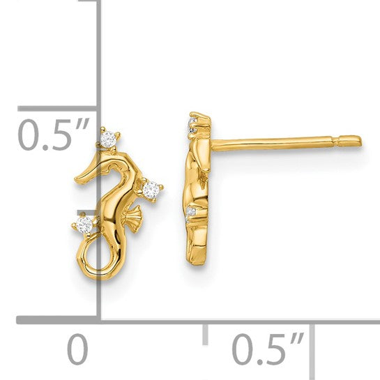 14kt Yellow Gold Polished CZ Seahorse Post Earrings