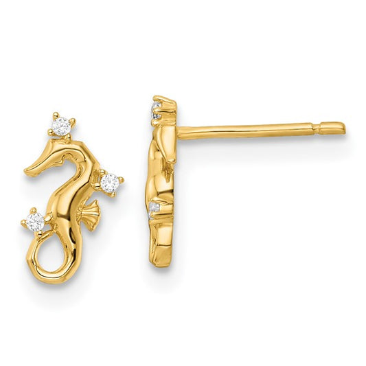 14kt Yellow Gold Polished CZ Seahorse Post Earrings