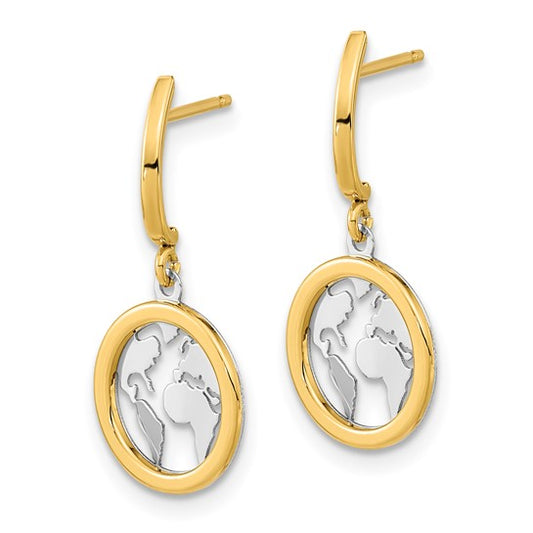 14KT Yellow Gold Polished White Rhodium Earth Dangle Earrings