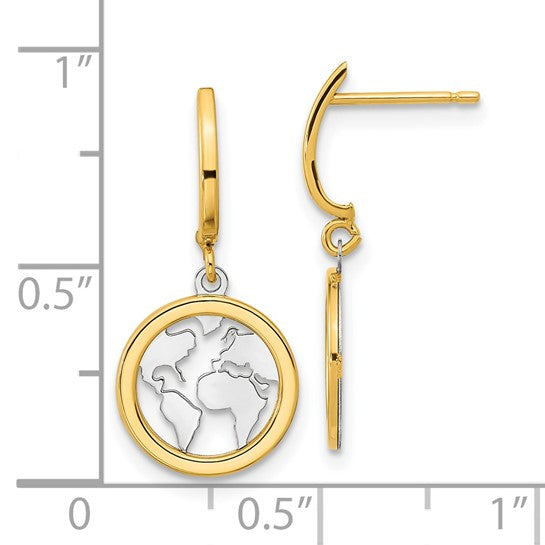 14KT Yellow Gold Polished White Rhodium Earth Dangle Earrings