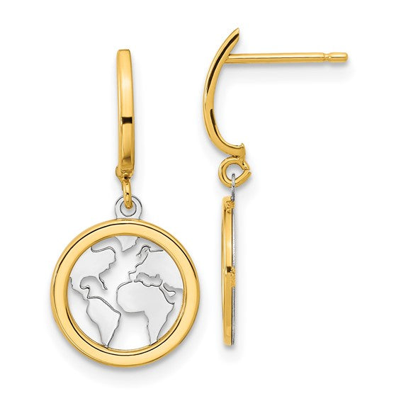 14KT Yellow Gold Polished White Rhodium Earth Dangle Earrings