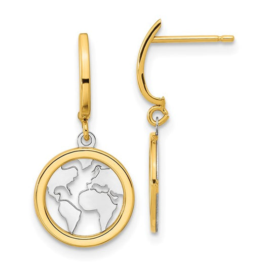 14KT Yellow Gold Polished White Rhodium Earth Dangle Earrings