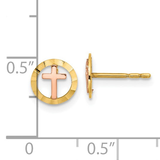 14KT Two-tone Circle with Cross Post Earrings