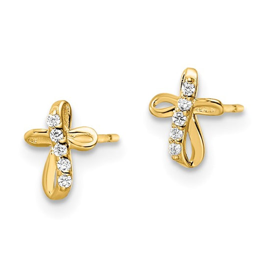 14kt Yellow Gold CZ Cross Post Earrings