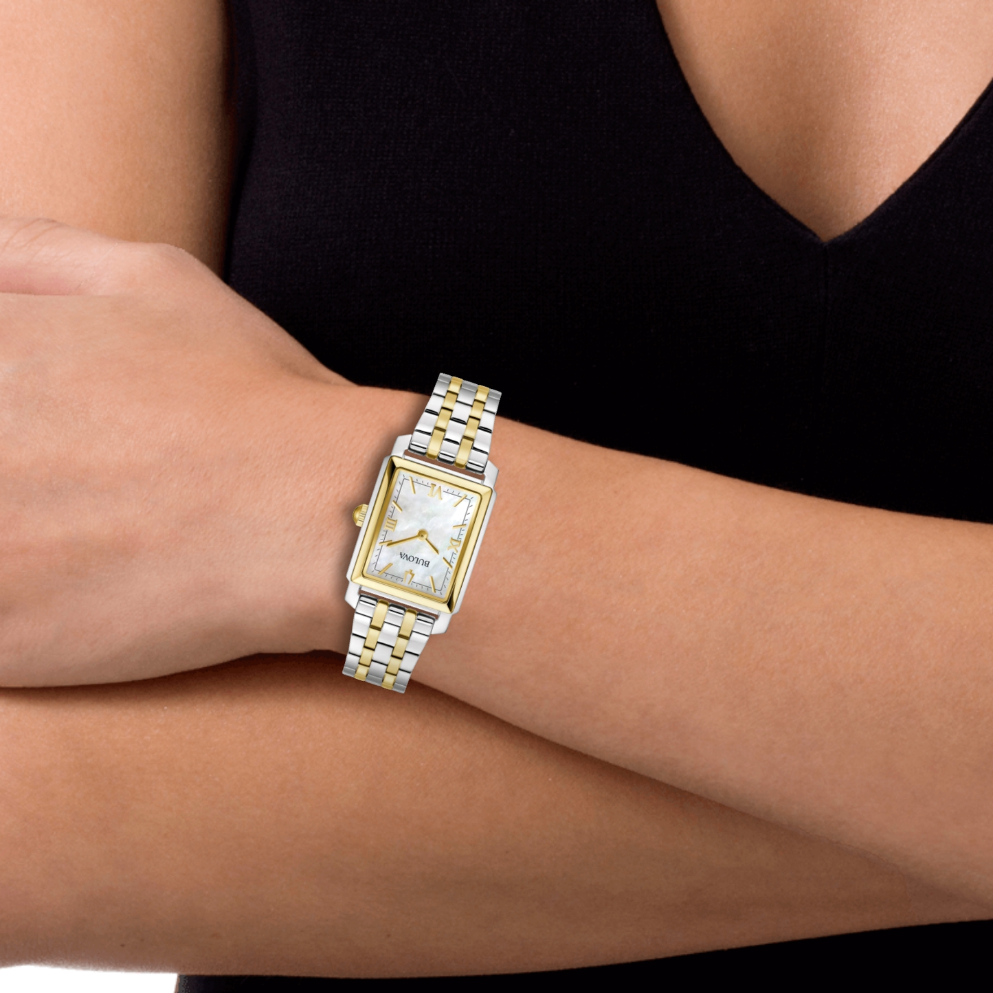 Ladies' Bulova Sutton Two-Tone Watch with Rectangular Mother-of-Pearl Dial (Model: 98L308)