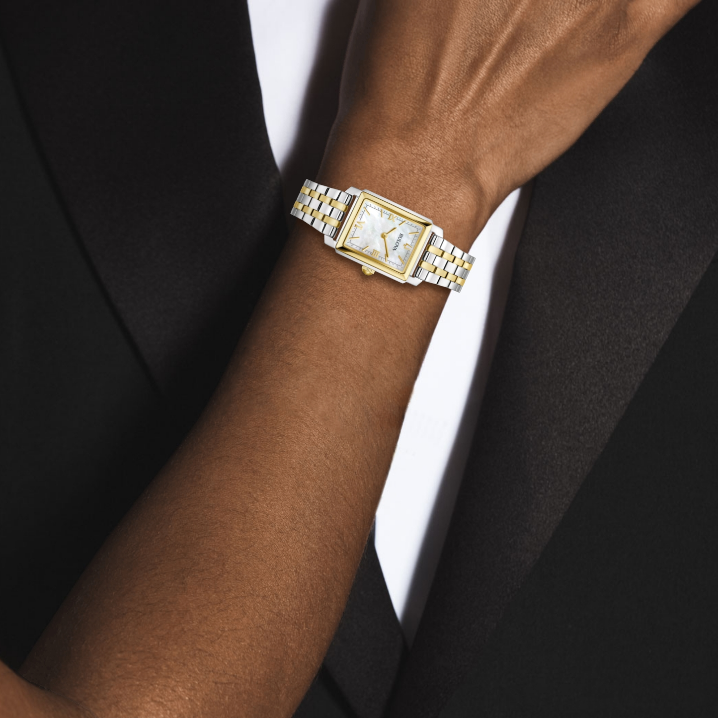 Ladies' Bulova Sutton Two-Tone Watch with Rectangular Mother-of-Pearl Dial (Model: 98L308)