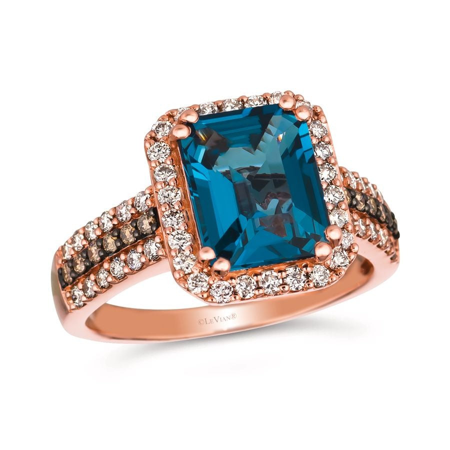 Le Vian 14K Strawberry Gold® Ring | Deep Sea Blue Topaz™ 3 1/2 cts. | Nude diamonds™ 1/2 cts., Chocolate diamonds® 1/10 cts.