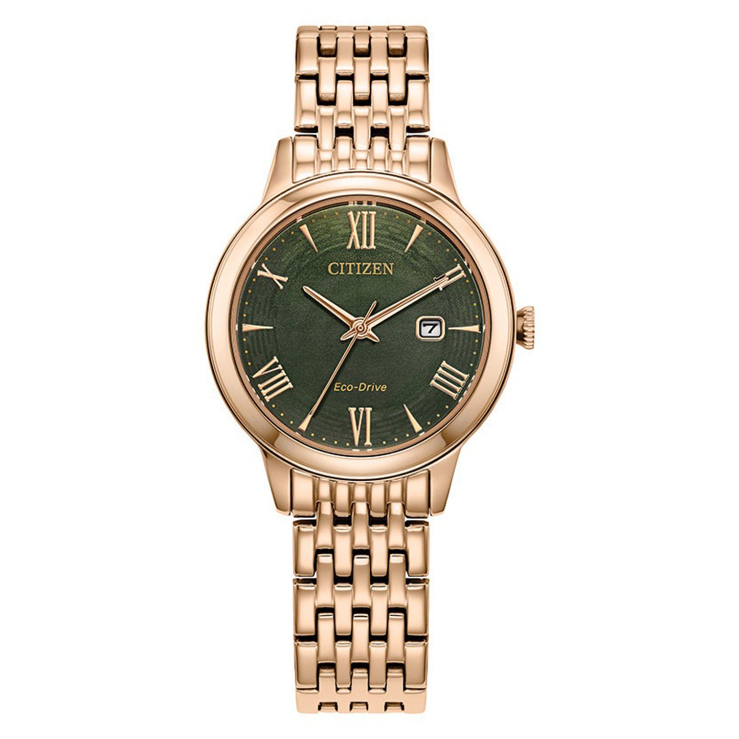 Citizen Eco Drive Women's Green Dial Stainless Steel Gold-Tone Bracelet Watch EW2623-53X