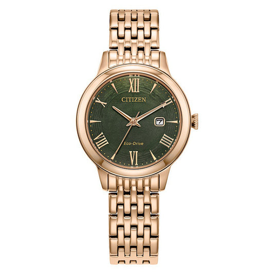 Citizen Eco Drive Women's Green Dial Stainless Steel Gold-Tone Bracelet Watch EW2623-53X