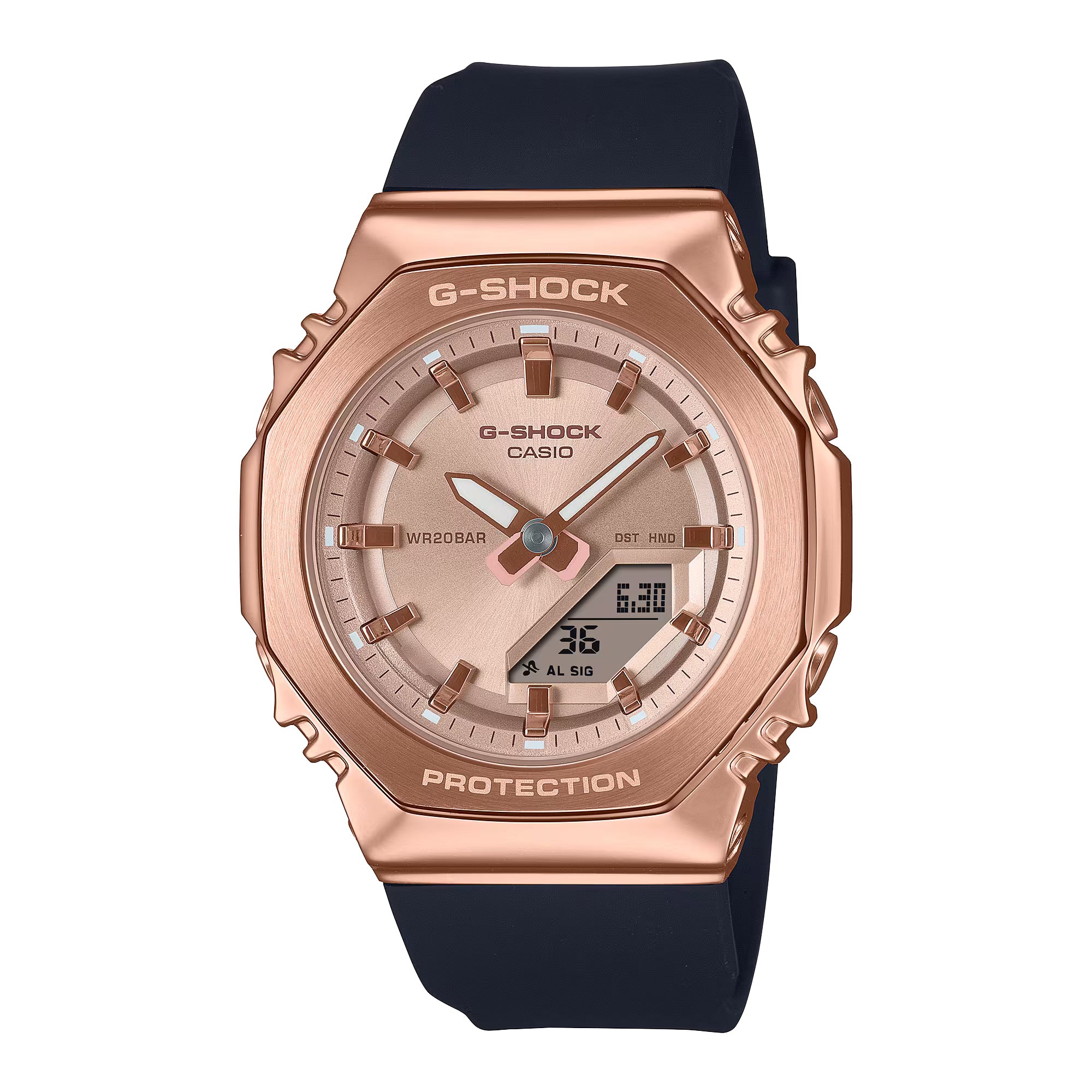 Casio G-Shock Analog-Digital Pink Gold-Tone Dial Black Resin Strap Watch - GMS2110PG-1A4