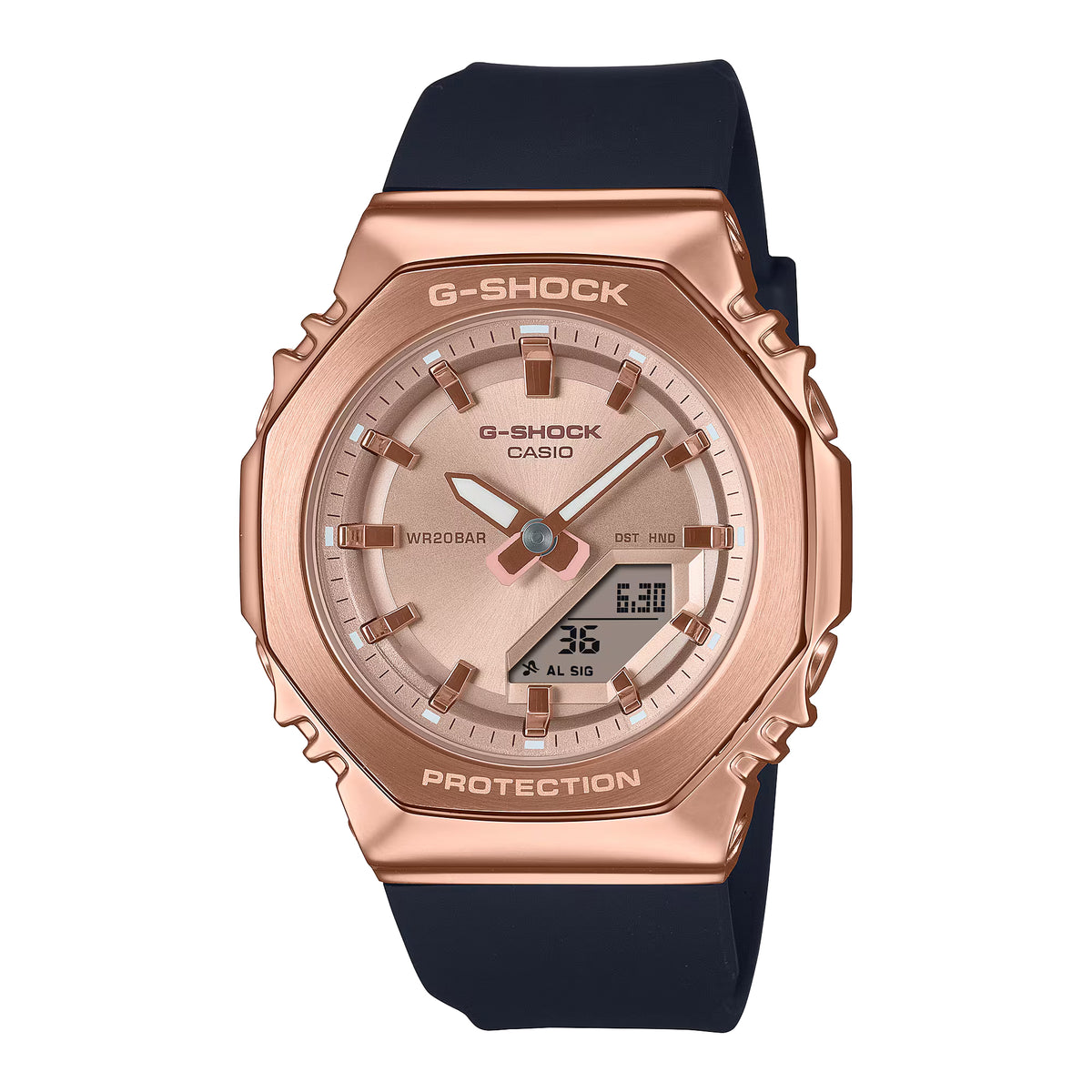 Casio G-Shock Analog-Digital Pink Gold-Tone Dial Black Resin Strap Watch - GMS2110PG-1A4