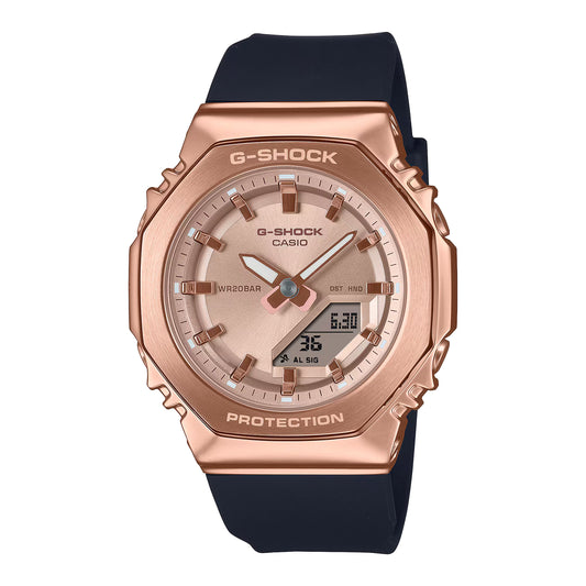 Casio G-Shock Analog-Digital Pink Gold-Tone Dial Black Resin Strap Watch - GMS2110PG-1A4