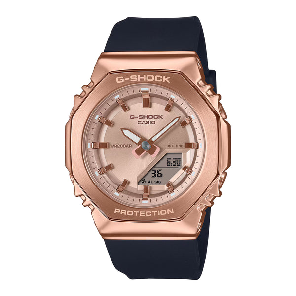 Casio G-Shock Analog-Digital Pink Gold-Tone Dial Black Resin Strap Watch - GMS2110PG-1A4