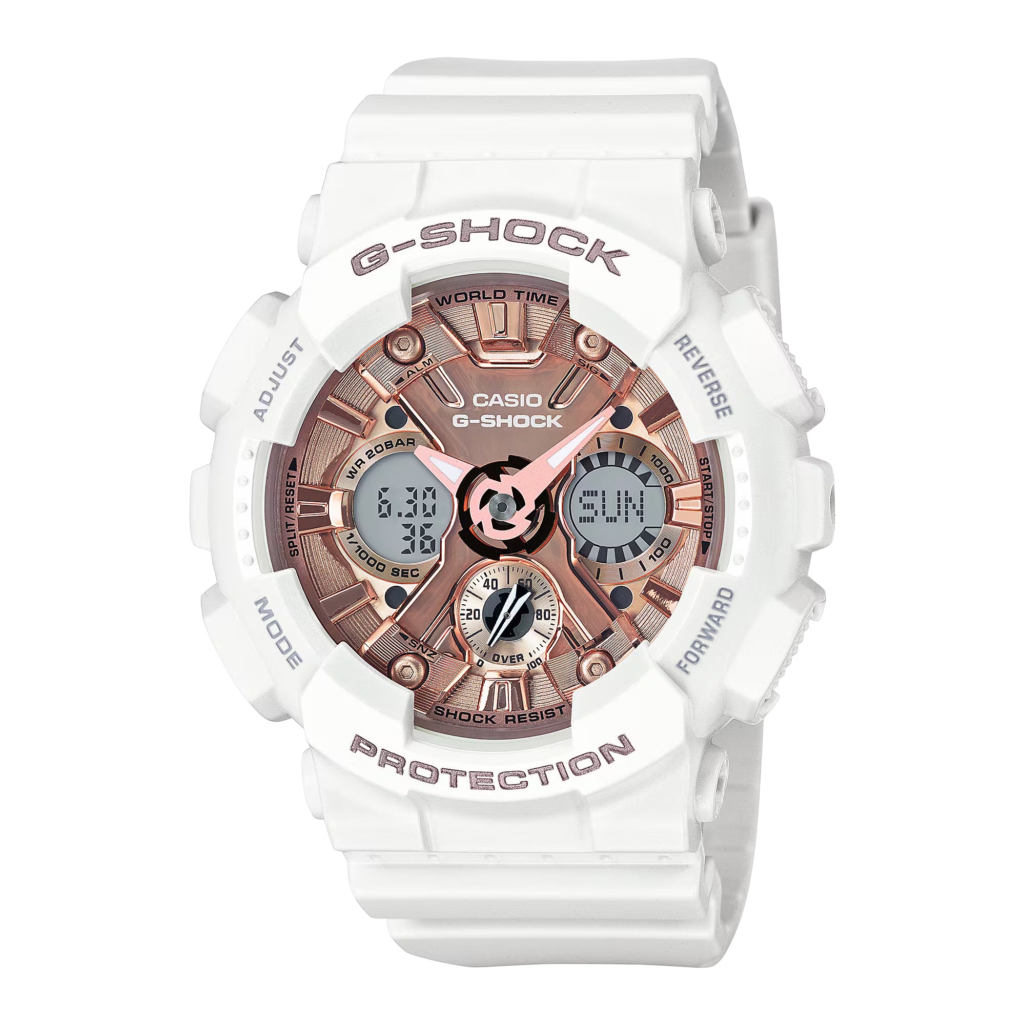 Casio G-Shock White Resin Strap Watch with Rose-Tone Dial (Model: GMAS120MF-7A2)