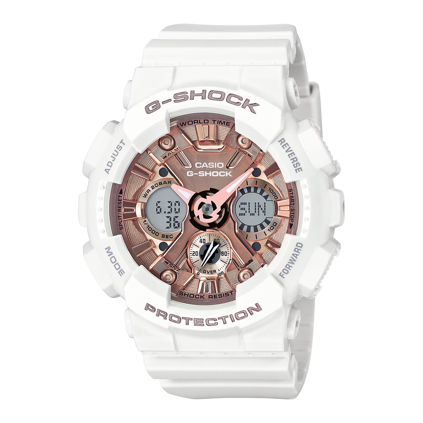 Casio G-Shock White Resin Strap Watch with Rose-Tone Dial (Model: GMAS120MF-7A2)