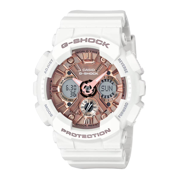 Casio G-Shock White Resin Strap Watch with Rose-Tone Dial (Model: GMAS120MF-7A2)